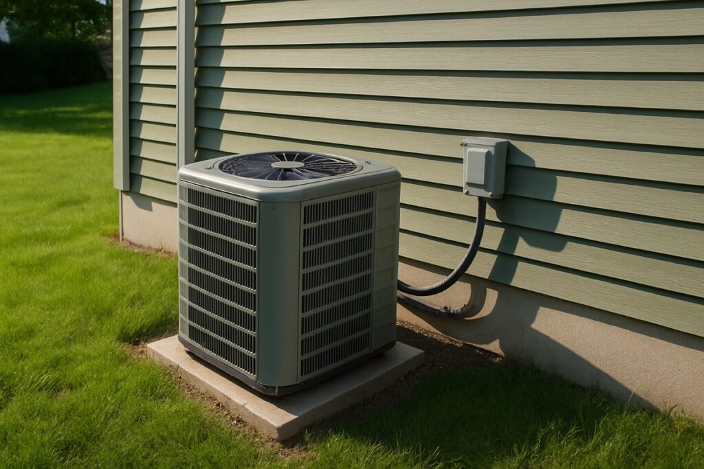 A residential outdoor air conditioner condenser unit beside a suburban Ontario home, green lawn and siding
