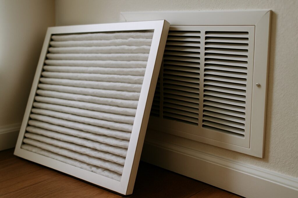 Close-up of a clean pleated HVAC air filter resting against a return-air vent inside a home, soft daylight