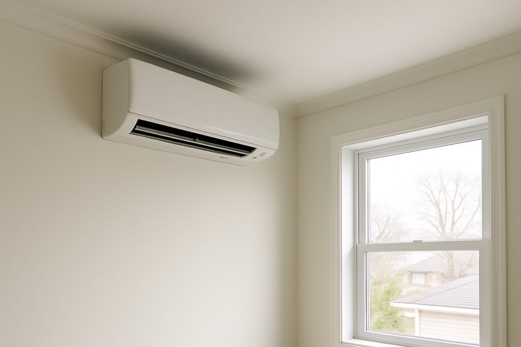 A wall-mounted ductless mini-split indoor air handler high on a clean interior wall of a bright Ontario home