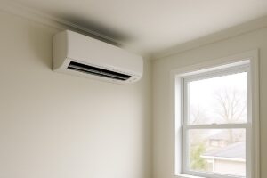 A wall-mounted ductless mini-split indoor air handler high on a clean interior wall of a bright Ontario home