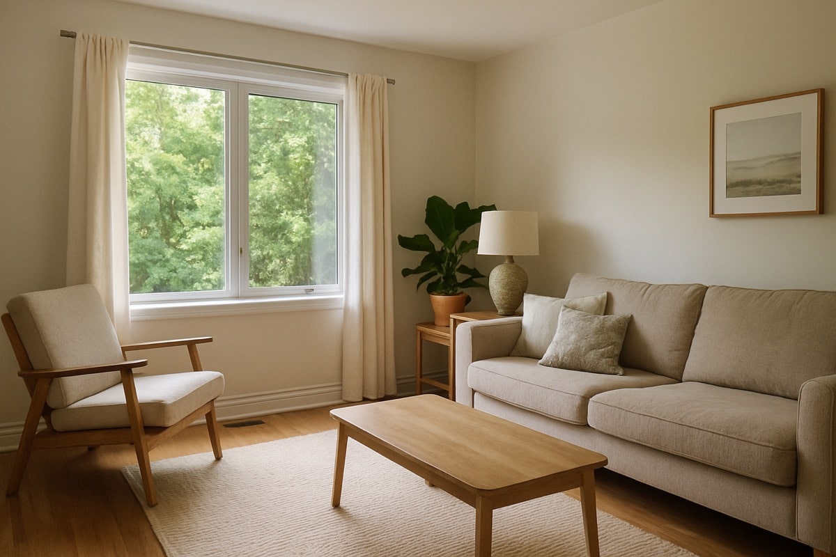 A bright, comfortable Ontario living room in summer with a window showing green trees, clean and airy