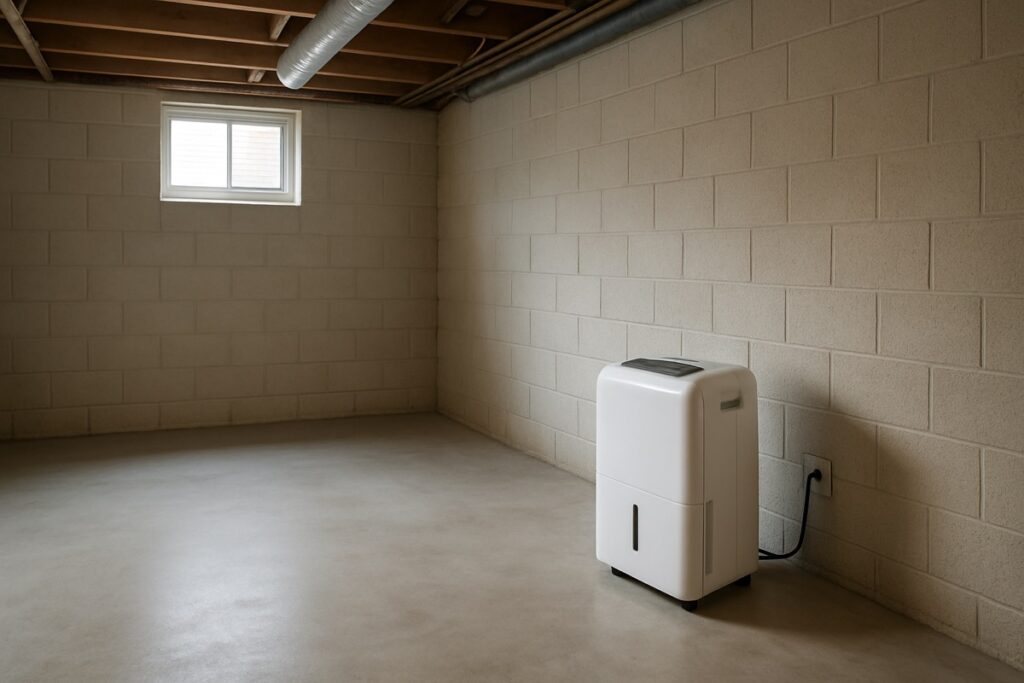 A residential basement with a portable dehumidifier running near a wall, clean and dry, soft light